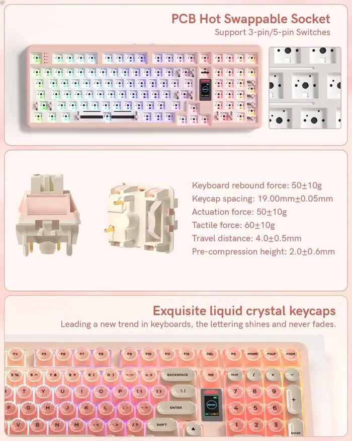 Womier Foundation WK98 clavier mécanique avec affichage rose crème 3 modes joint ergonomique