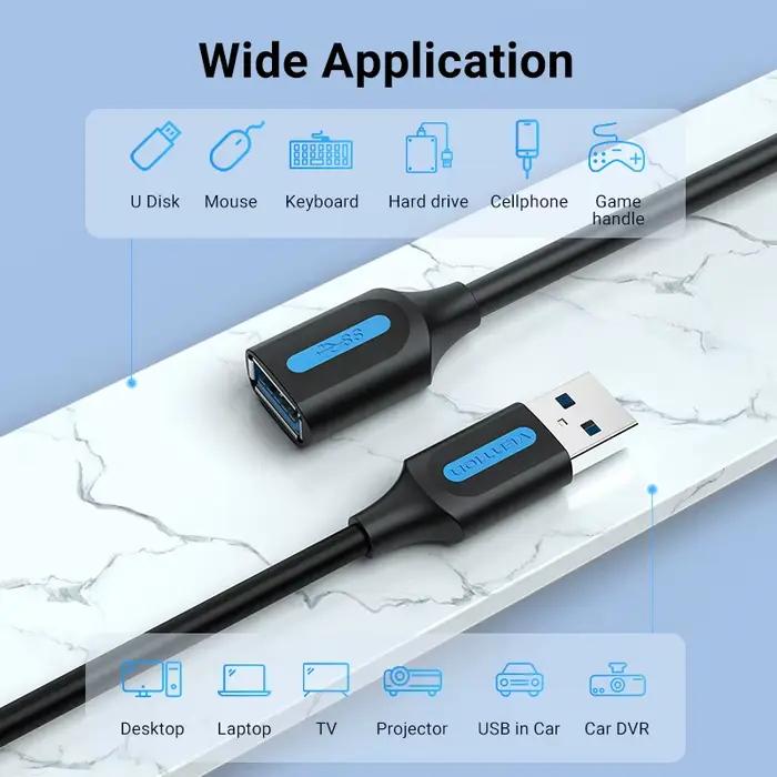 Câble d'extension Vention USB 3.0 mâle vers femelle pour ordinateur portable et appareils intelligents, longueur variable, pour jeu, travail et transfert de données rapides