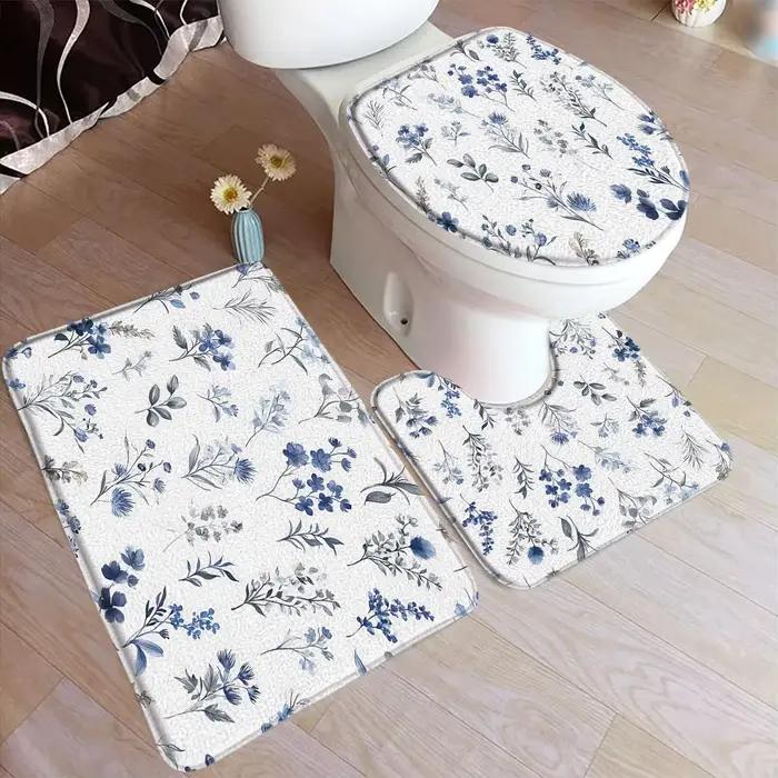 Ensemble de polymères de bain floraux roses, aquarelle, fleur, feuilles grises, plante, tapis de maison, Doorvirus, HODecor, tapis de sol, tapis en U, couverture de toilette