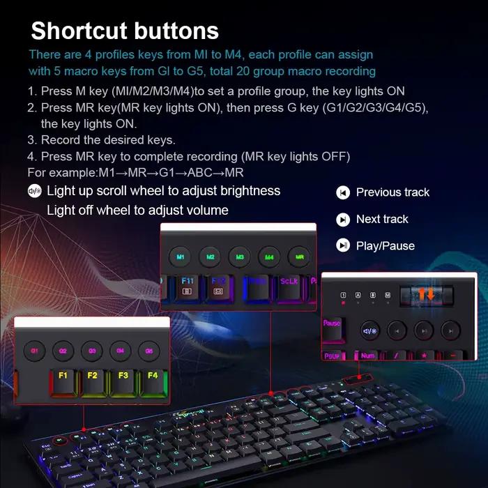 Redragon Horus K618 RVB appui Bluetooth 5.0 sans fil USB 2.4G 3 mode de Jeu Mécanique Clavier 104 Touches PC Compute