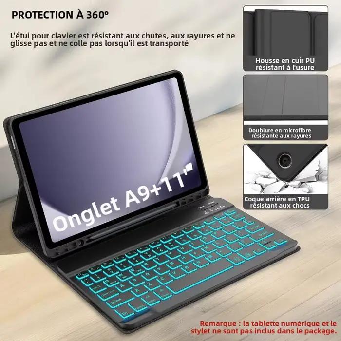 Clavier détachable rétroéclairé avec étui en cuir et souris pour Samsung Galaxy Tab A11+ 11 pouces/A9 Plus 11 pouces