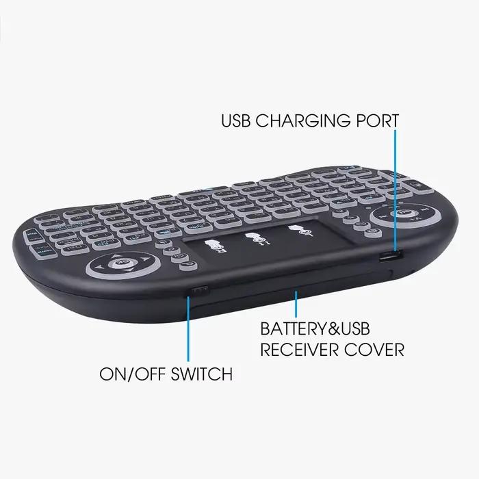 Souris Air avec Clavier Mini Sans Fil Rétroéclairé AZERTY Espagnol Français Portugais Russe Brésilien avec Pavé Tactile pour PC TV Box RGB