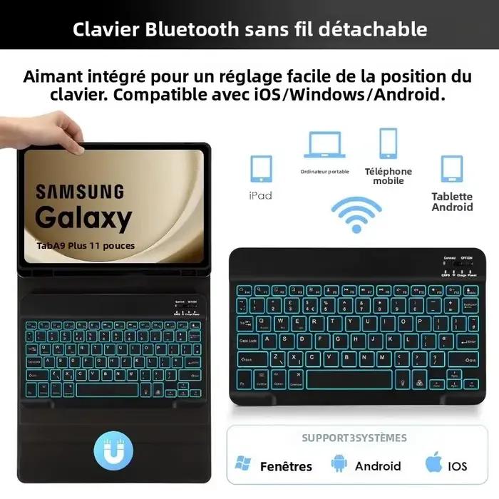 Clavier détachable rétroéclairé avec étui en cuir et souris pour Samsung Galaxy Tab A11+ 11 pouces/A9 Plus 11 pouces