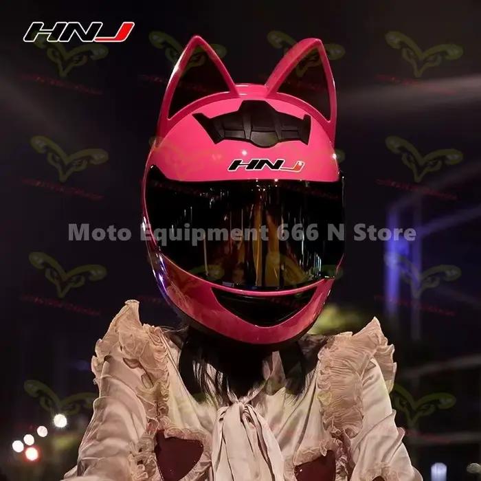 HNJ-Casque de Moto avec Oreilles de Chat pour Homme et Femme, Visage Complet, Respirant, Certifié DOT