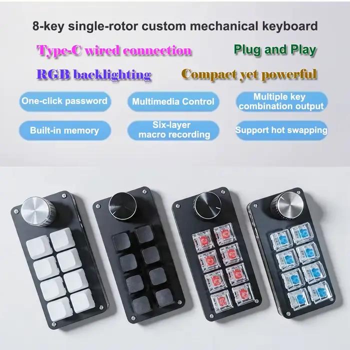 Clavier multifonctionnel à 8 touches mécanique pour bureaux, jeux et contrôle industriel en USB adaptable à plusieurs langues