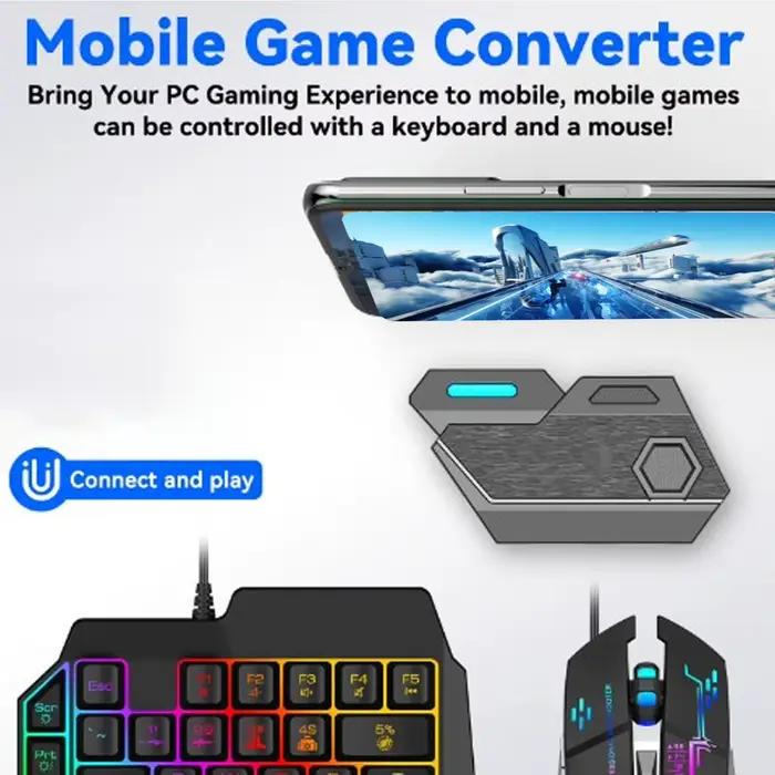 Pack Combo Jeu Mobile : Clavier et Souris Bluetooth Réactifs à une Main avec Support Téléphone Ajustable pour le Gaming