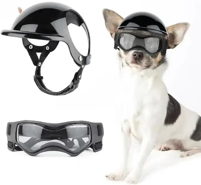 Casque et lunettes de protection pour petits chiens - Casque de moto pour animaux de compagnie avec trous pour les oreilles, sangles réglables pour la promenade des chiots