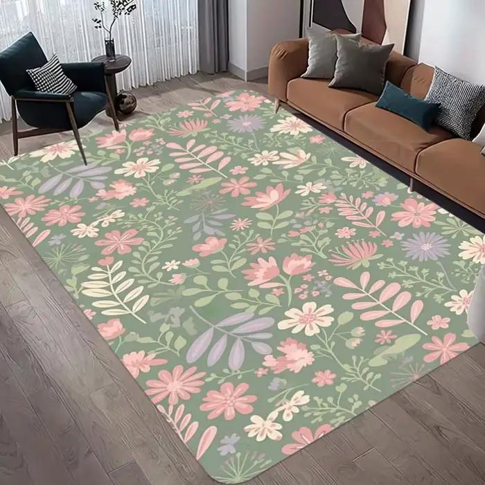Tapis d'intérieur bleu marine foncé à imprimé floral, antidérapant, doux, motif botanique, pour salon, chambre, décoration bohème style ferme