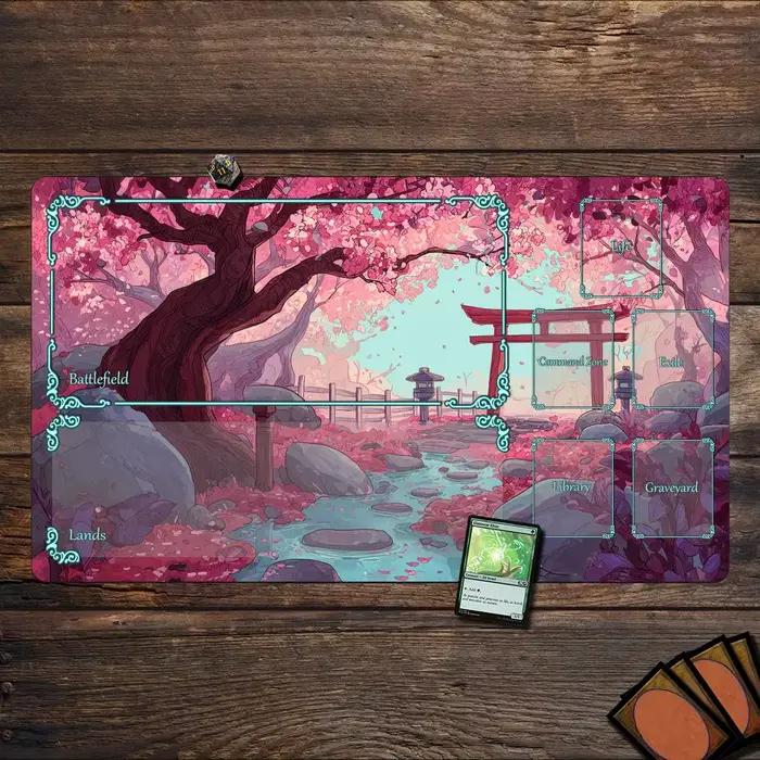 Tapis de jeu MTG avec motifs de fleurs de cerisier et de Torii