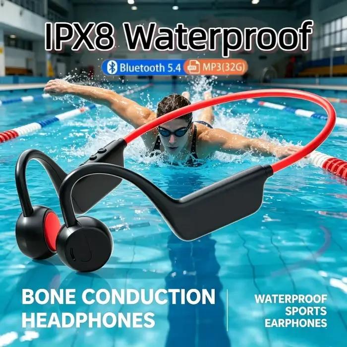 Écouteurs à Conduction Osseuse IPX8 Bluetooth 5.4 Étanche Sans Fil avec Micro pour la Natation