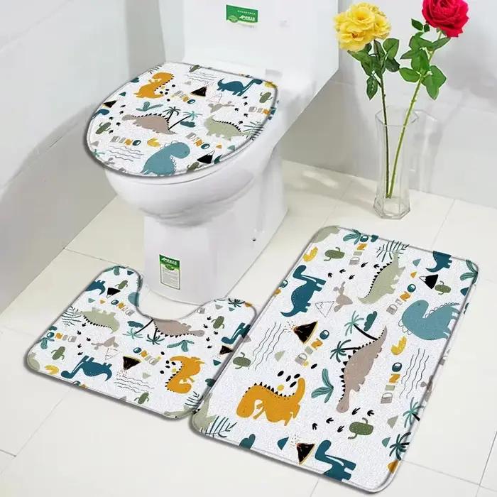 Ensemble de polymères de bain de dinosaure de dessin animé, animaux amusants, plante tropicale, AMP, arbre quantique, tapis pour enfants, décor à la maison, couverture de sol de toilette