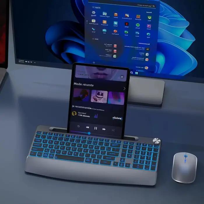 Clavier rétroéclairé sans fil avec repose-main pour téléphone portable compatible avec PC Mac Windows - Comprend une souris sans fil