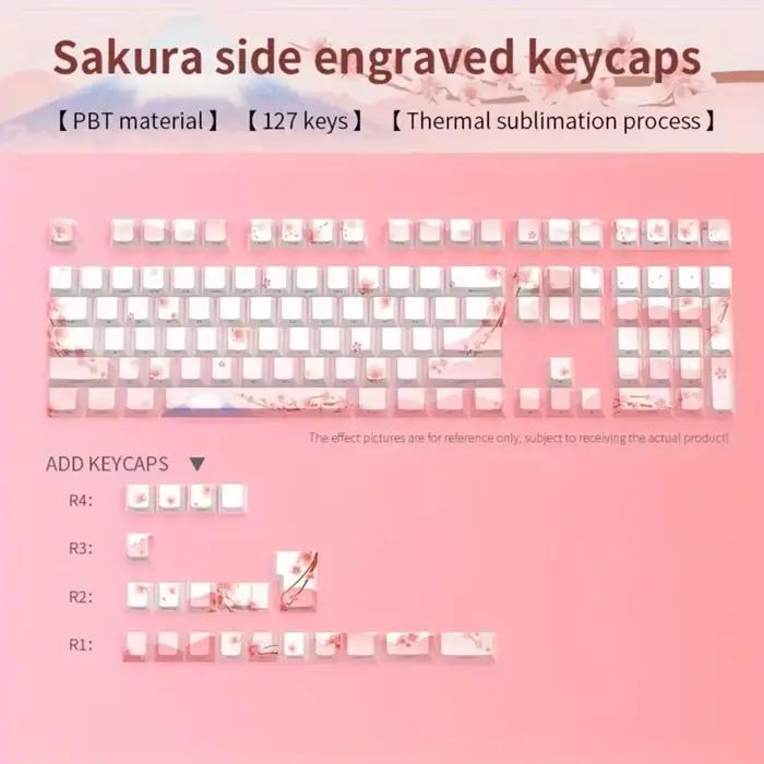 Capuchons de touches de clavier mécanique rose fleur de cerisier 128 touches gravure latérale matériau PBT éclairé pour claviers mécaniques normes et ergonomiques