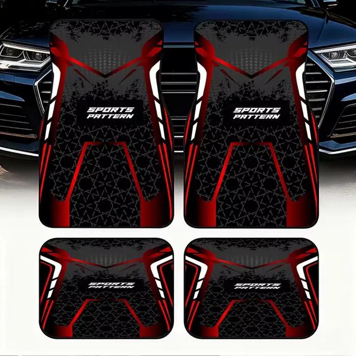 4 ensembles de tapis de sol de voiture à motifs sportifs, design futuriste avec motifs géométriques noirs et blancs et accents rouges, Moder