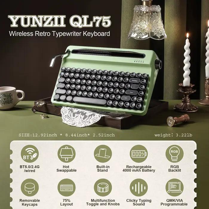 YUNZII QL75 clavier mécanique de machine à écrire sans fil vert