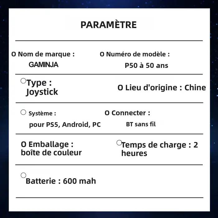 GAMINJA P50A contrôleur de jeu sans fil pour PS5/PC boutons en cristal Transparent Gyroscope à Six axes avec pavé tactile ergonomique