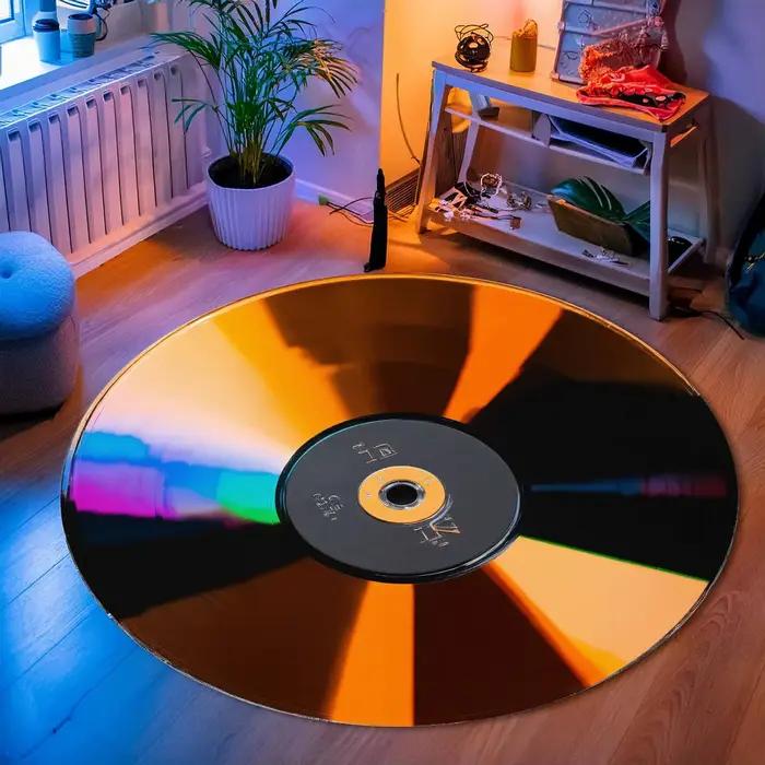 Tapis rond CD doré, Design artistique de musique rétro, doux et moelleux, de luxe, décoratif pour salon et chambre à coucher