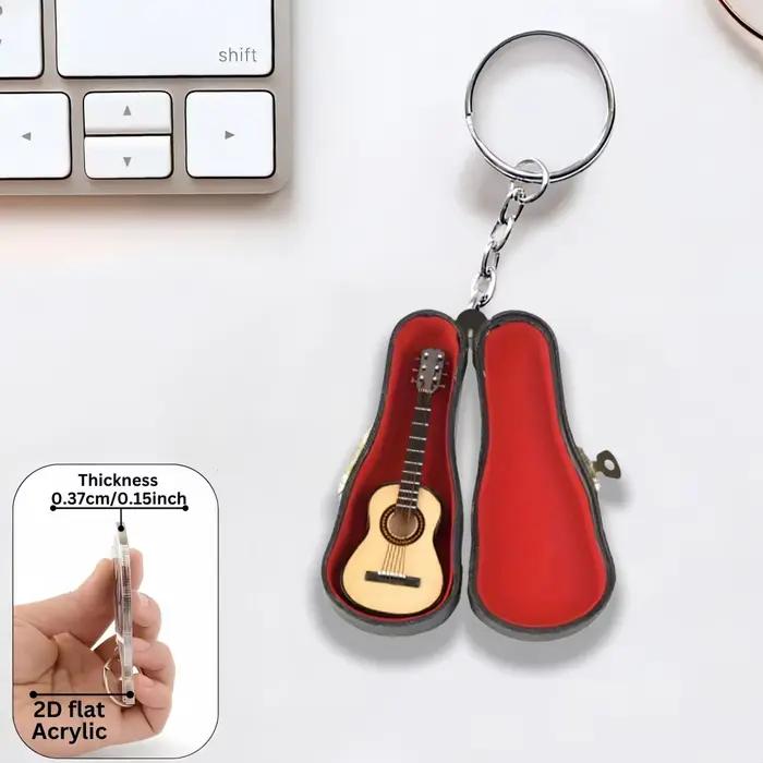 Guitare acoustique avec étui pendentif porte-clés, ornement plat en acrylique 2D, cadeau pour fans de musique, décoration suspendue pour voiture, sac, festif, fête