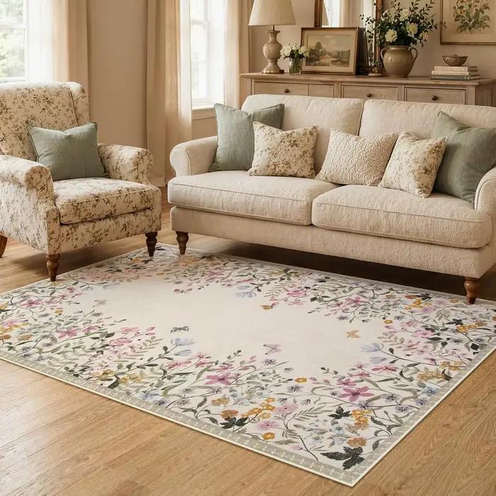Tapis floral beige, tapis lavable antidérapant pour salon, chambre à coucher, décoration d'intérieur botanique polyvalente