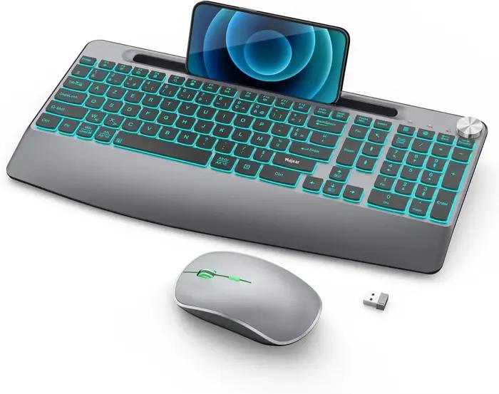 Clavier rétroéclairé sans fil avec repose-main pour téléphone portable compatible avec PC Mac Windows - Comprend une souris sans fil