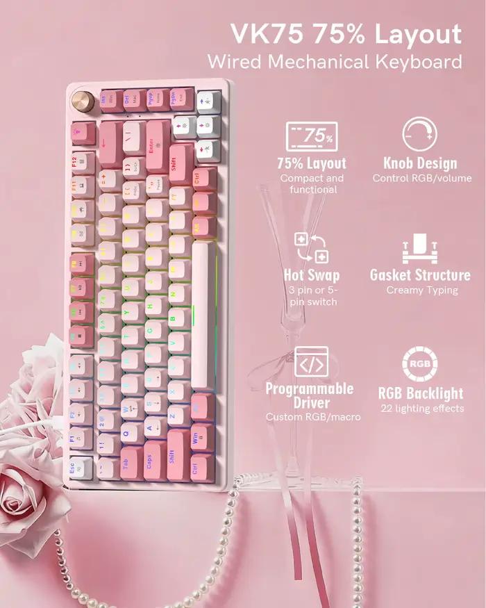 Womier VK75 clavier mécanique filaire 75% personnalisé Hotswap avec bouton rvb rétro-éclairé joint montage