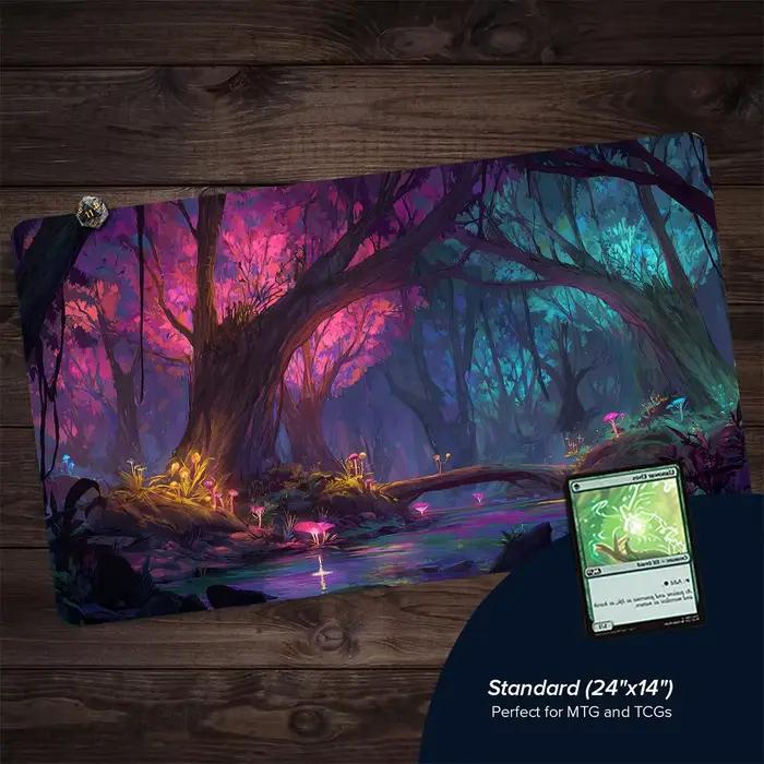 Tapis de jeu MTG du royaume Secret de la forêt mystérieuse tapis de combat pour cartes magiques antidérapant durable bord cousu pour usage quotidien et cadeaux occasions spéciales