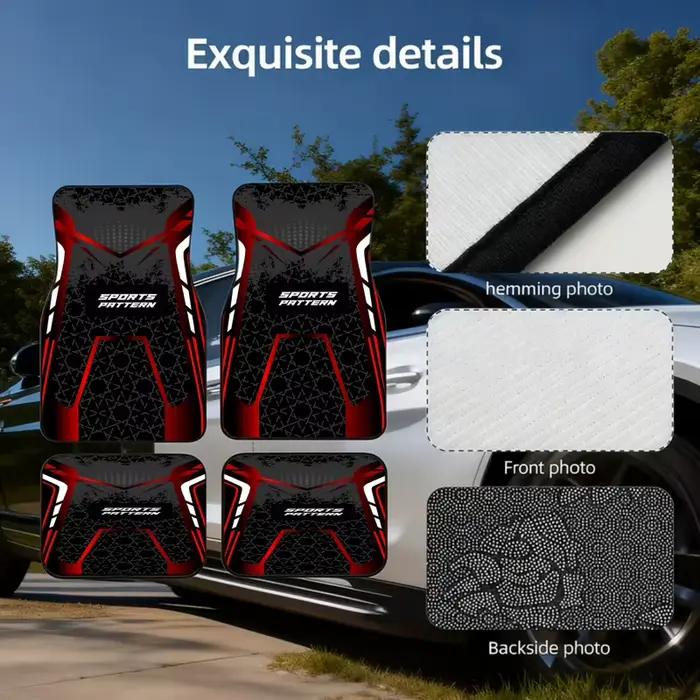 4 ensembles de tapis de sol de voiture à motifs sportifs, design futuriste avec motifs géométriques noirs et blancs et accents rouges, Moder