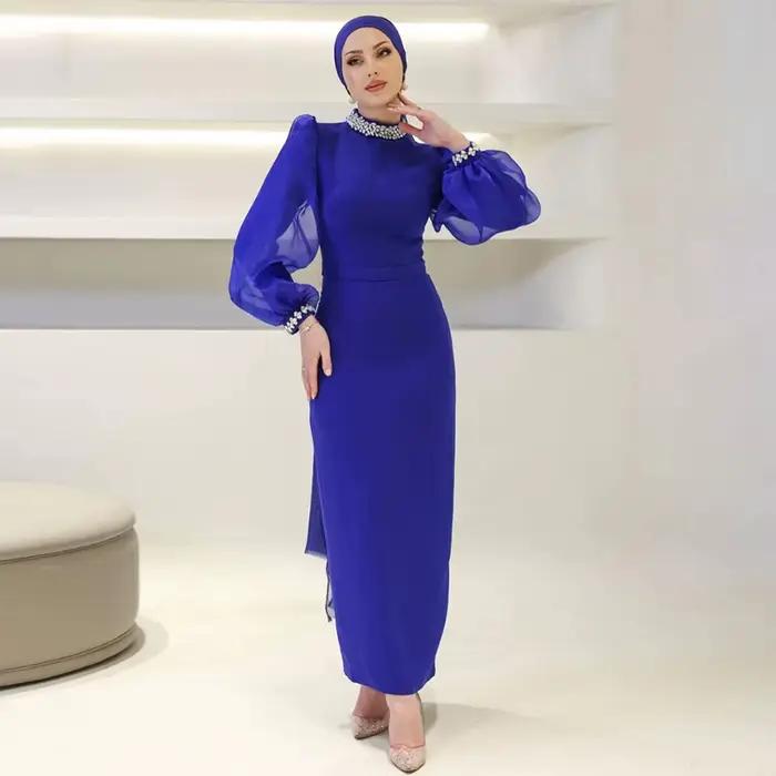 Robes de soirée formelles bleu royal foncé pour femmes, col haut en cristal, colonne, robe de soirée maxi bouffante, manches longues, robe de Rh, 2024