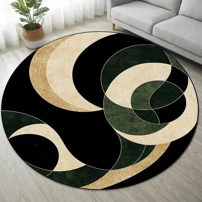 Tapis rond minimaliste abstrait vert et or à lignes courbes, base noire, antidérapant, tapis géométrique doux pour la décoration de la chambre à coucher et du salon
