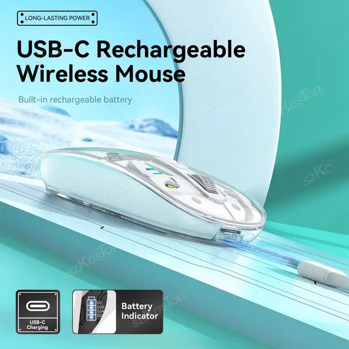 Transparent Wireless Mouse Technological Style 3 Modes BT1 BT2 2.4GHz 1600DPI Type C Rechargeable Silent