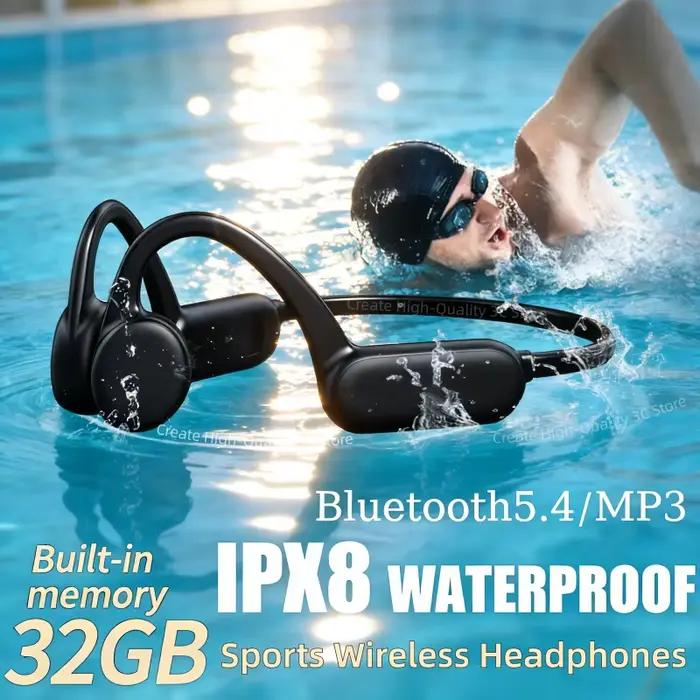 Écouteurs à Conduction Osseuse Étanche IPX8 MP3 32 Go Bluetooth 5.4 Sans Fil avec Micro pour Natation Sport Fitness Nouveauté 2026