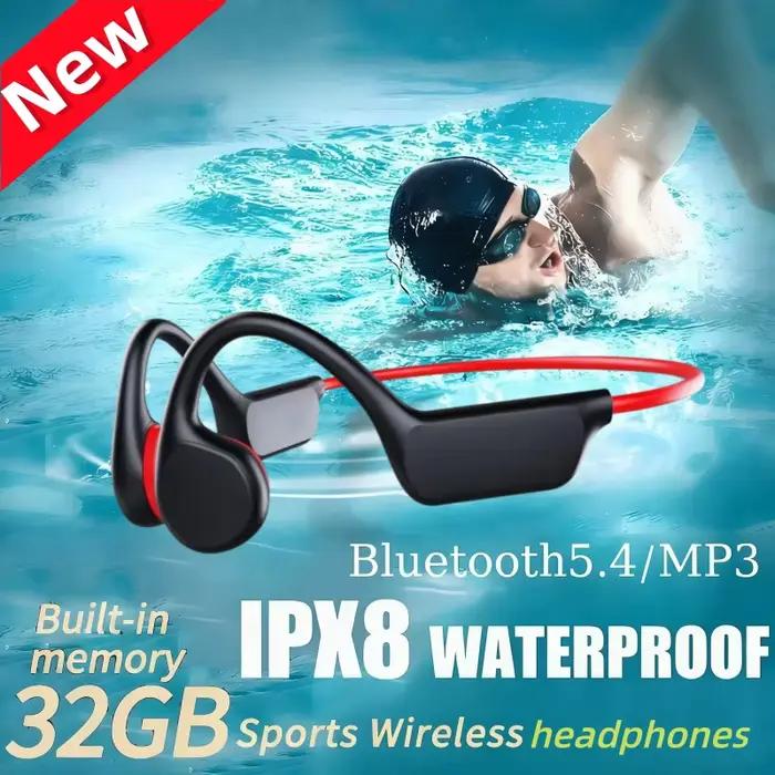 Écouteurs à Conduction Osseuse Étanche IPX8 MP3 32 Go Bluetooth 5.4 Sans Fil avec Micro pour Natation Sport Fitness Nouveauté 2026