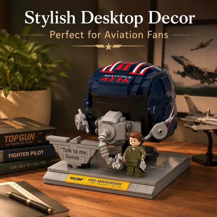 Casque de pilote de chasse Top Gun Maverick 40e anniversaire, sculpture en blocs de construction avec base de présentation, figurine de collection, cadeau pour adultes