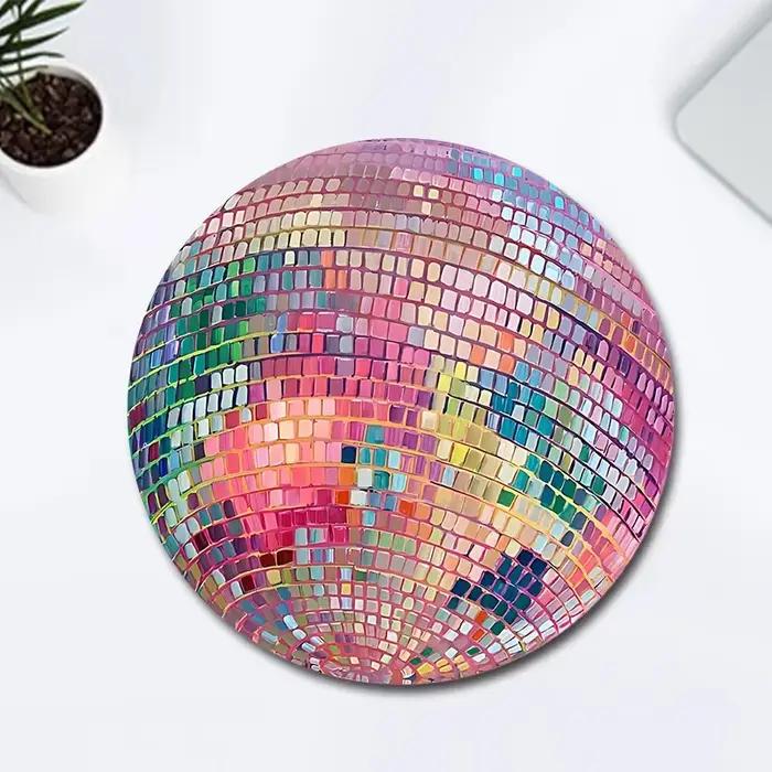 Tapis de souris rond en caoutchouc rose avec boule Disco