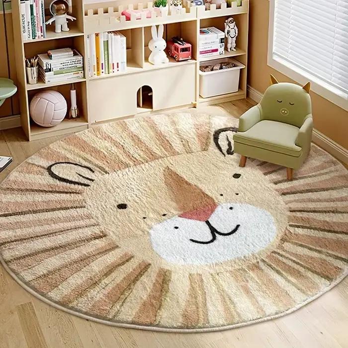 Tapis moelleux de dessin animé mignon pour la décoration de la maison, lion, canapés, salon, rond, animal, lea, optique, polymères en peluche, chambre d'enfant