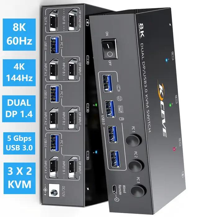 Double/Triple moniteur DP KVM commutateur 4K @ 144Hz 2x2 USB3.0 HDMI KVM