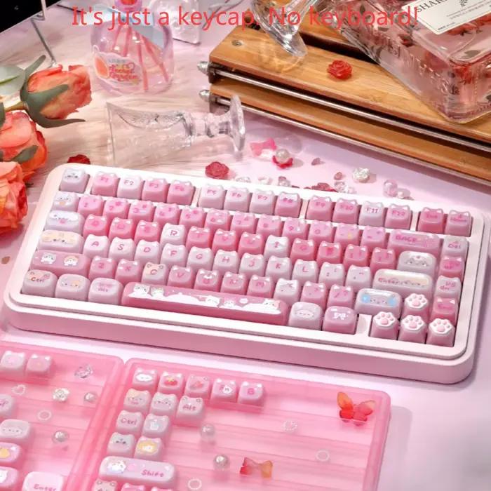 Clavier mécanique MAO Profile Cute Pudding Cat Ear Keycaps 142 touches rose translucide PC pour claviers mécaniques 60/64/84/98/108