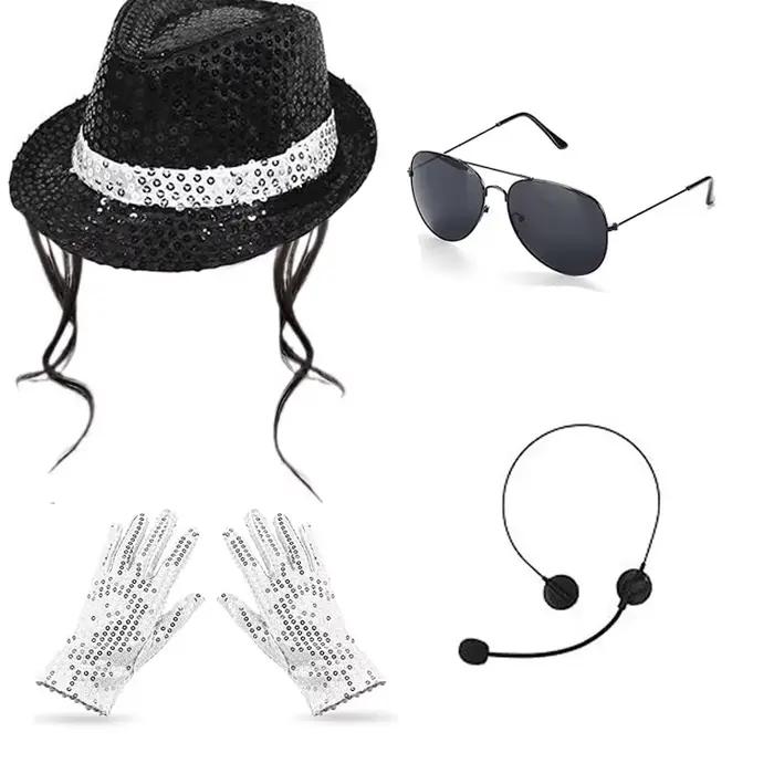 Ensemble d'accessoires de costume Michael Jackson, chapeau Fedora à paillettes, gants, lunettes de soleil, microphone pour Halloween, fête sur scène, kit de cosplay