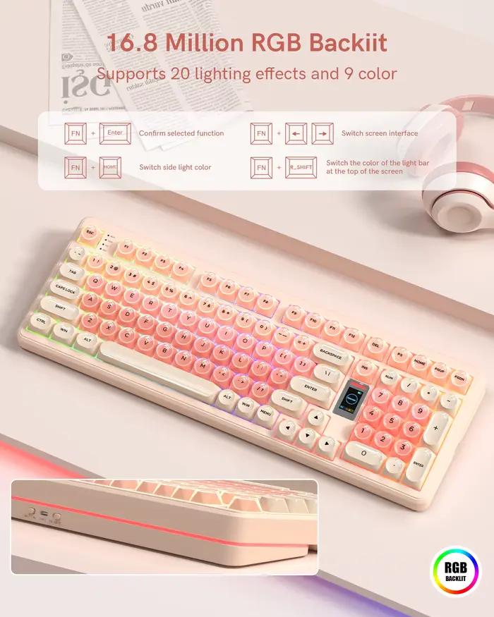 Womier Foundation WK98 clavier mécanique avec affichage rose crème 3 modes joint ergonomique