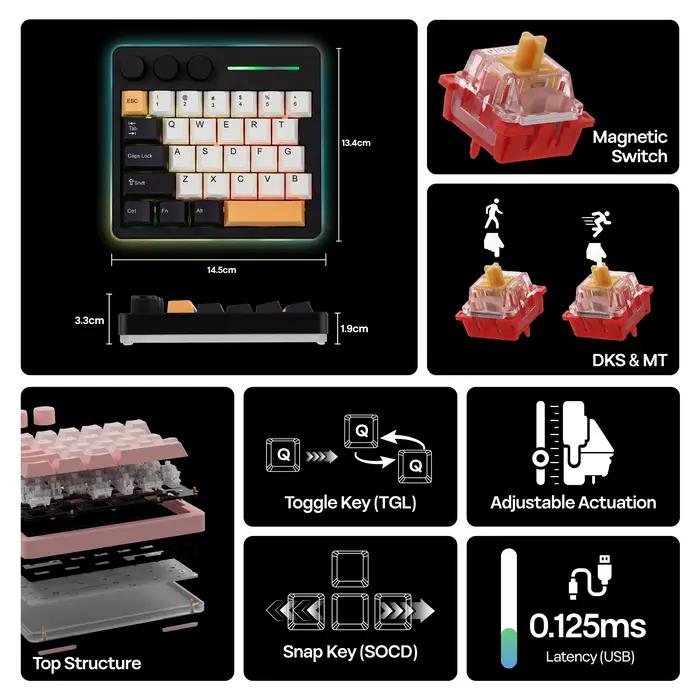 KiiBOOM Cybrix 29 29 touches + 3 boutons clavier de jeu magnétique à effet Hall filaire rapide CNC en aluminium et acrylique taux d'orientation 8Khz