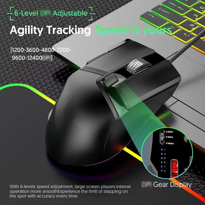 Souris de jeu filaire RGB 7 modes d'éclairage Doubles molettes de défilement Macro programmable 1200-12400 DPI Conception ergonomique pour joueur PC