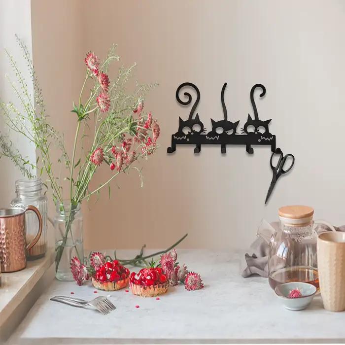 Porte-clés mural en forme de chat en fer noir support décoratif avec crochets pour clés chapeaux serviettes occasions spéciales décoration intérieure