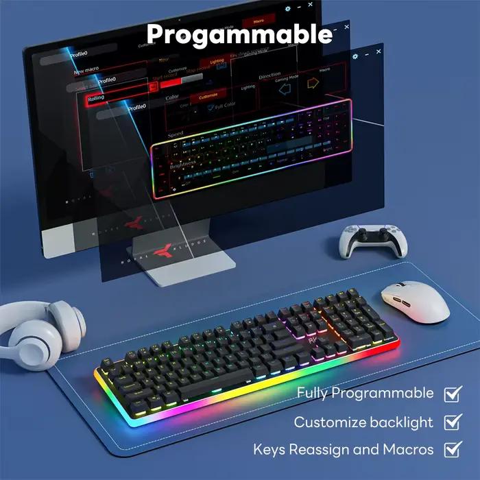 RK ROYAL KLUDGE RK918 clavier de jeu mécanique 100% 108 touches rétro-éclairage rvb avec Support de poignet grande lampe latérale d'amincage LED