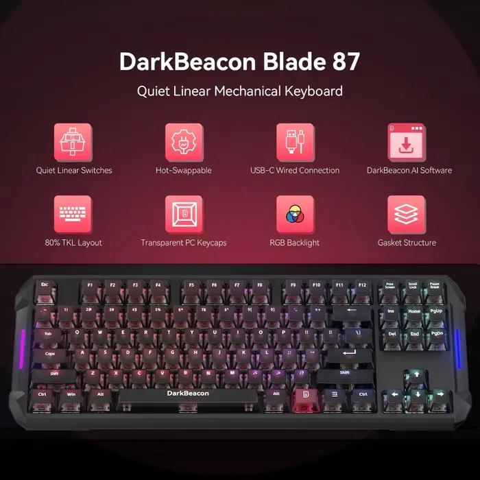Clavier de jeu mécanique silencieux DarkBeacon 87 touches TKL compact avec interrupteurs rouges anti-ghosting pour PC Gaming et saisie