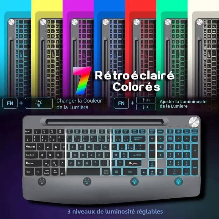 Clavier rétroéclairé sans fil avec repose-main pour téléphone portable compatible avec PC Mac Windows - Comprend une souris sans fil