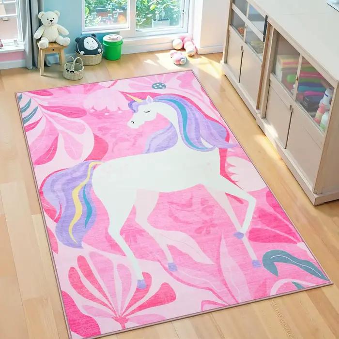 Tapis imprimé licorne à fleurs roses
