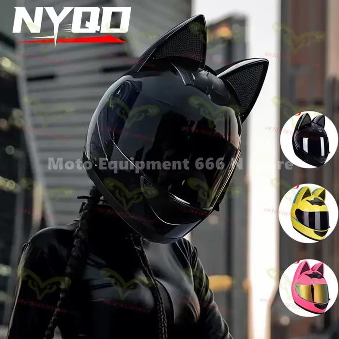 HNJ-Casque de Moto avec Oreilles de Chat pour Homme et Femme, Visage Complet, Respirant, Certifié DOT