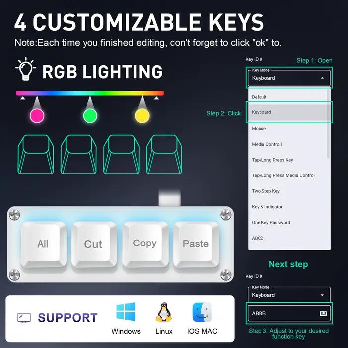 Mini-clavier SAYODEVICE 4 touches USB filaire rétroéclairage multicolore pour jeux et productivité polyvalent pour ordinateurs de bureau et portables occasions spéciales