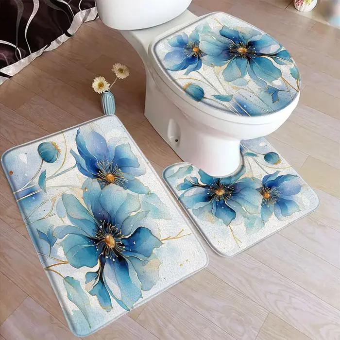 Ensemble de polymères de bain floraux roses, aquarelle, fleur, feuilles grises, plante, tapis de maison, Doorvirus, HODecor, tapis de sol, tapis en U, couverture de toilette