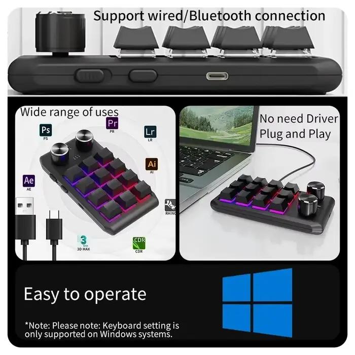Bluetooth 12 touches 2 boutons USB programmation Macro clavier personnalisé Console de jeu